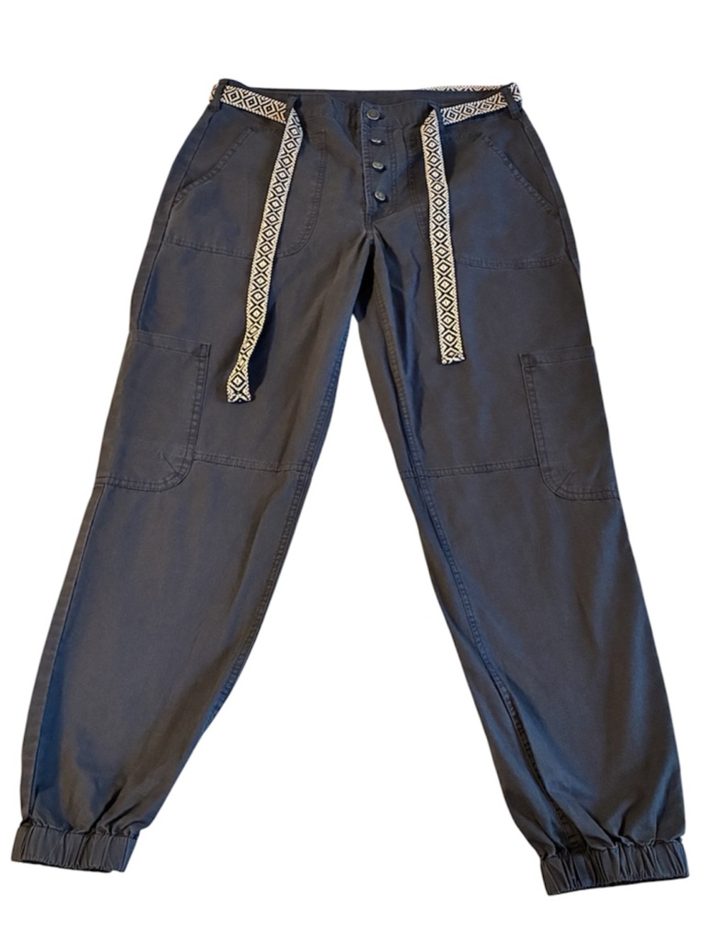 Sundance Navy Button-Front Cargo Joggers with Patterned Waist Tie